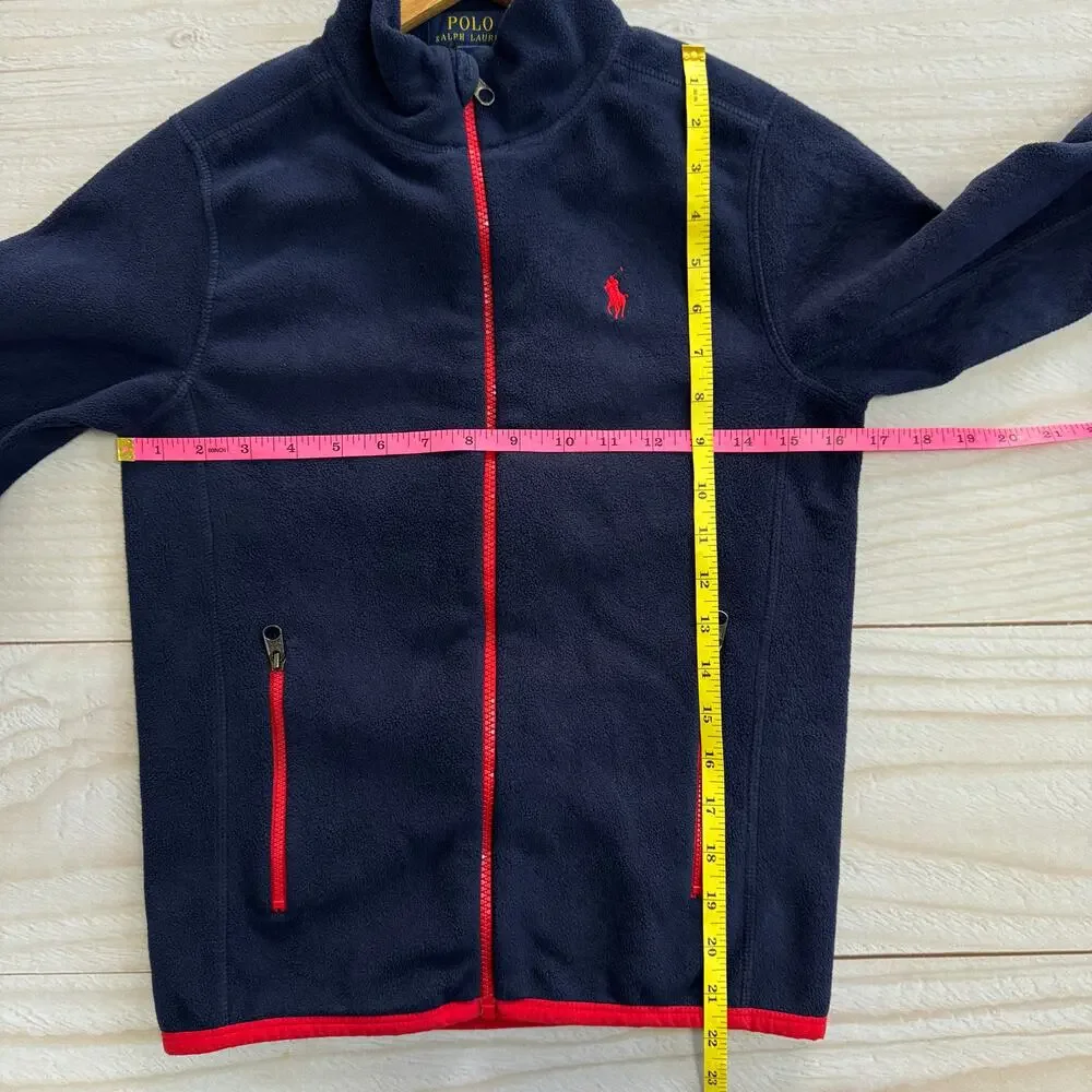 Polo Ralph Lauren Boys Size M (10-12) Full Zip Fleece Jacket Navy Red Trim